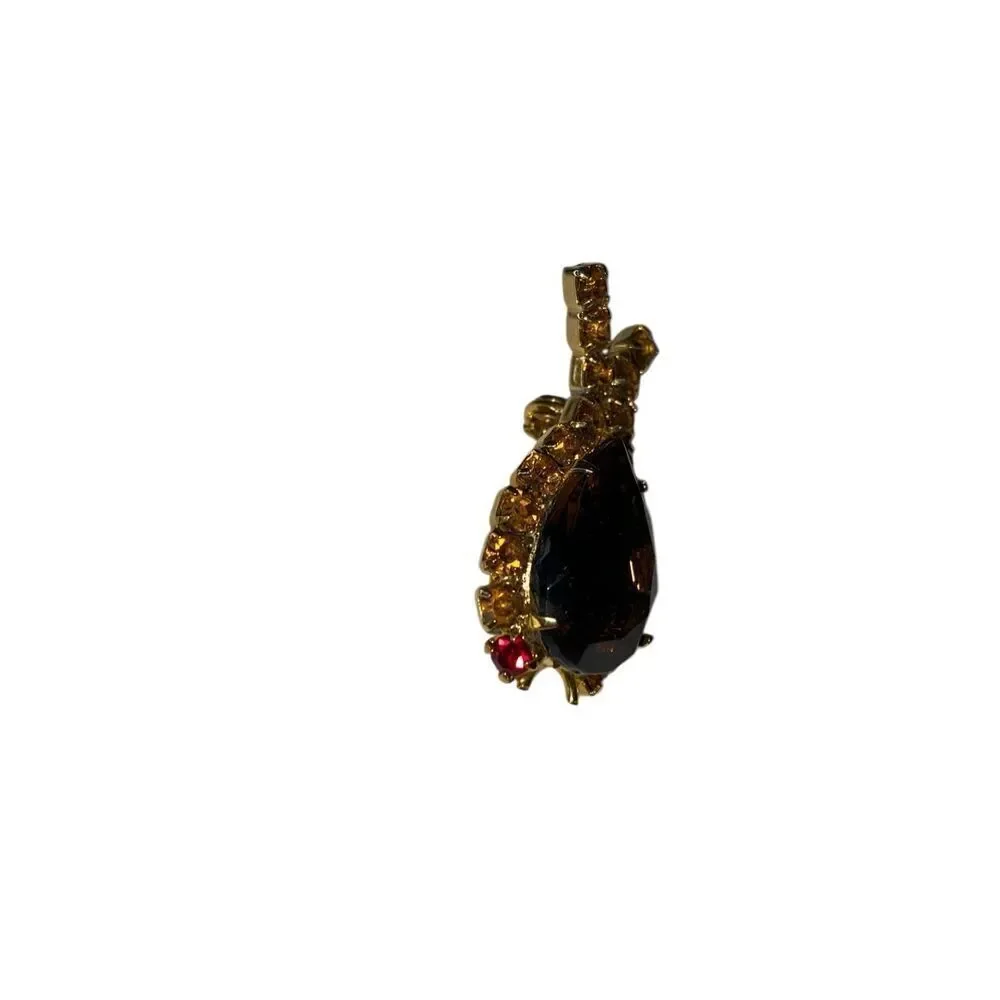Vintage Gold Tone Amber Rhinestone Teardrop Brooch Pin Elegant Costume Jewelry